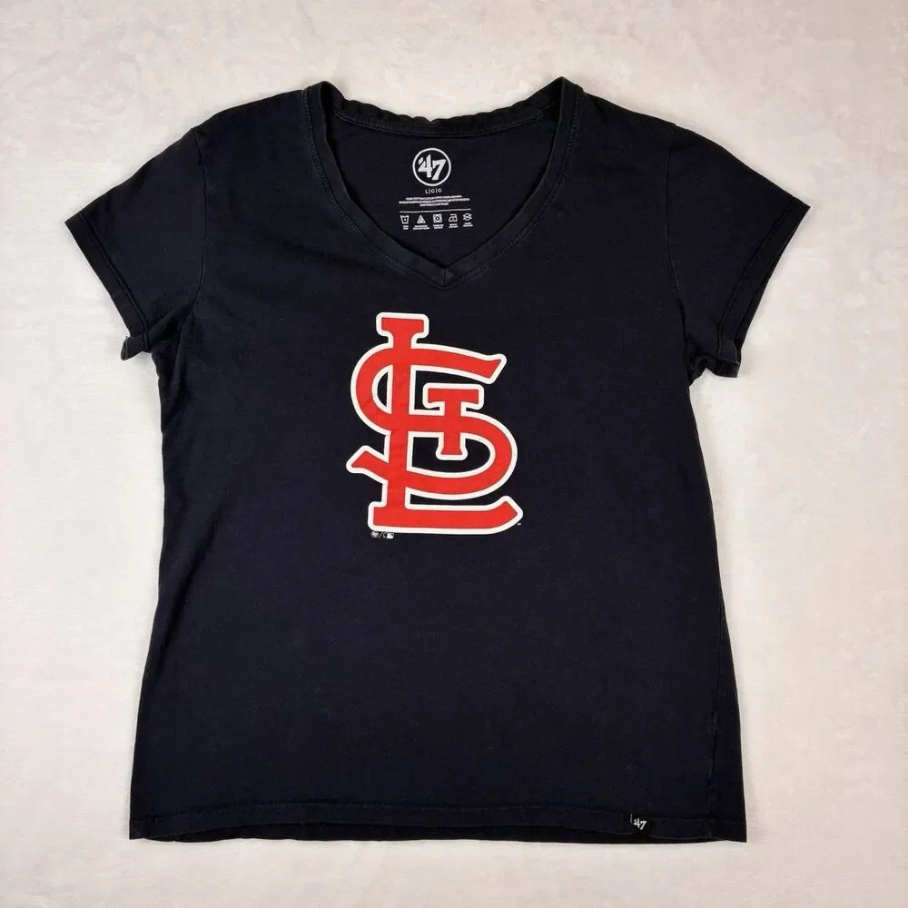 47 Brand STL Cardinals T-shirt Women’s Size Large Navy Blue Baseball V-neck Tee